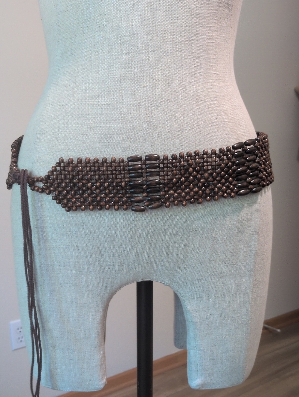 Brown Beaded Waist Belt With Tie